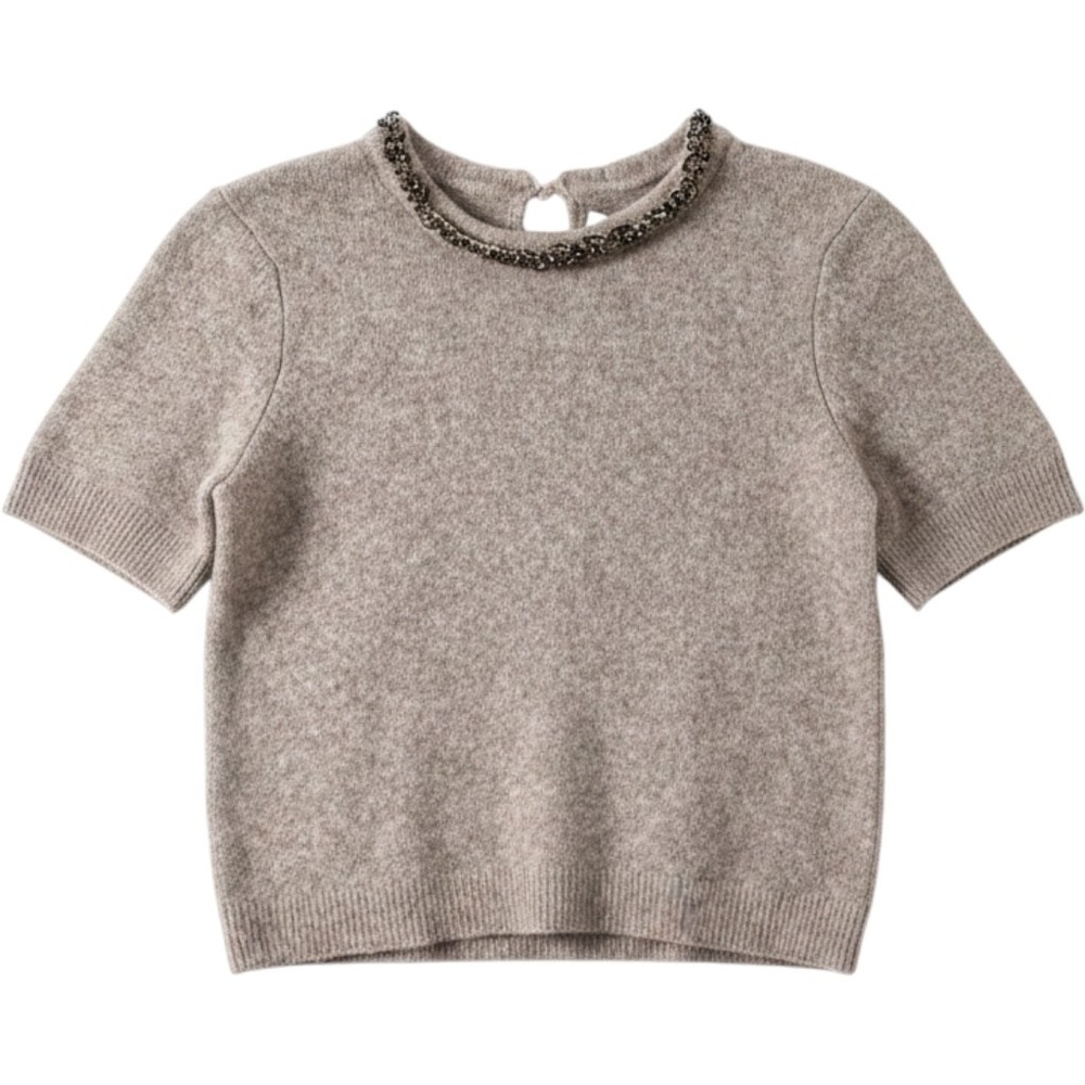 Velvet by Graham & Spencer Embellished Wool Yak Blend Sweater Taupe Small